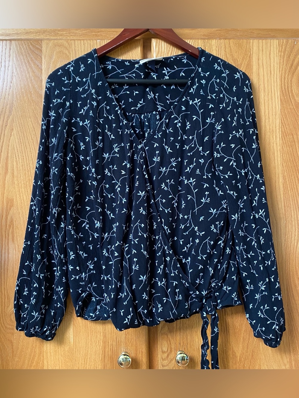 Floral Wrap Blouse Black Dainty White Flowers Boho Knot Tie Vneck Minimalist